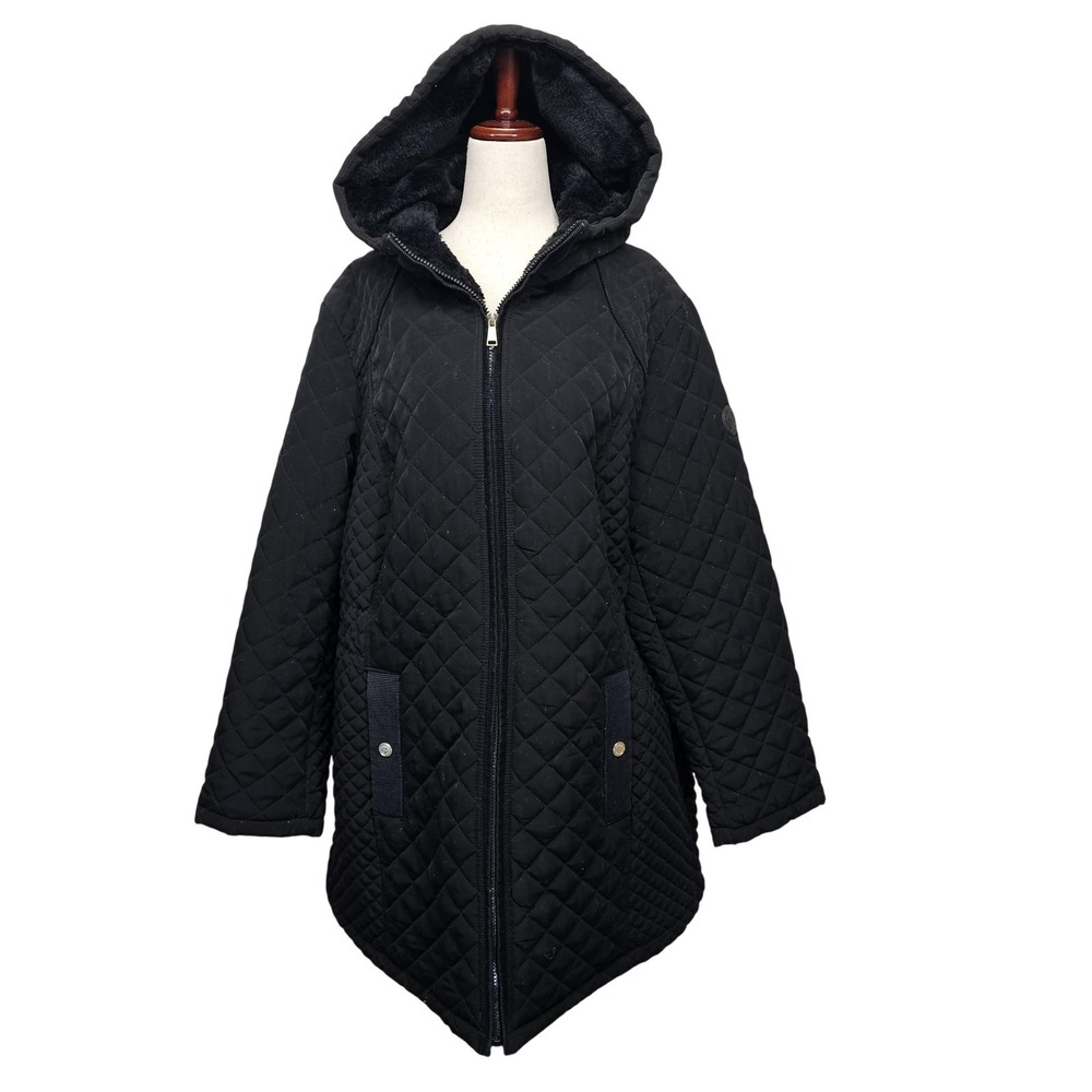 Laundry By Shelli Segal Coat Womens 1X Black Quilted Hooded Zip Puffer Lined
